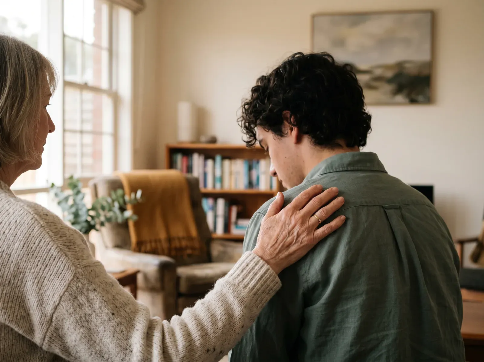 A comforting hand on a shoulder in soft, warm light