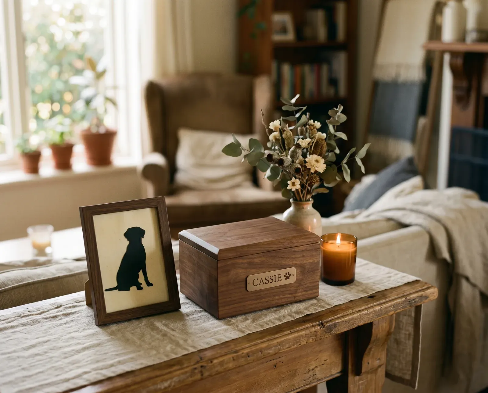 A memorial urn placed gently among soft natural light at home