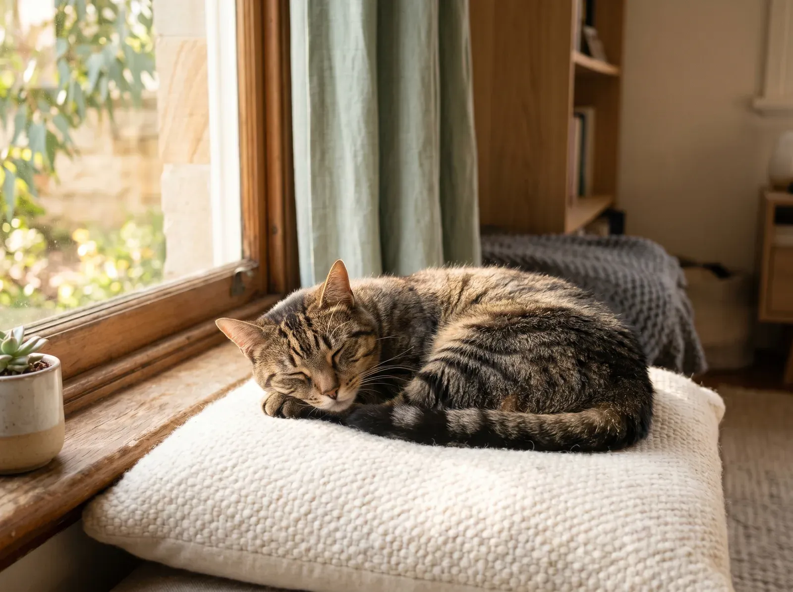 A peaceful cat curled in a sunlit window