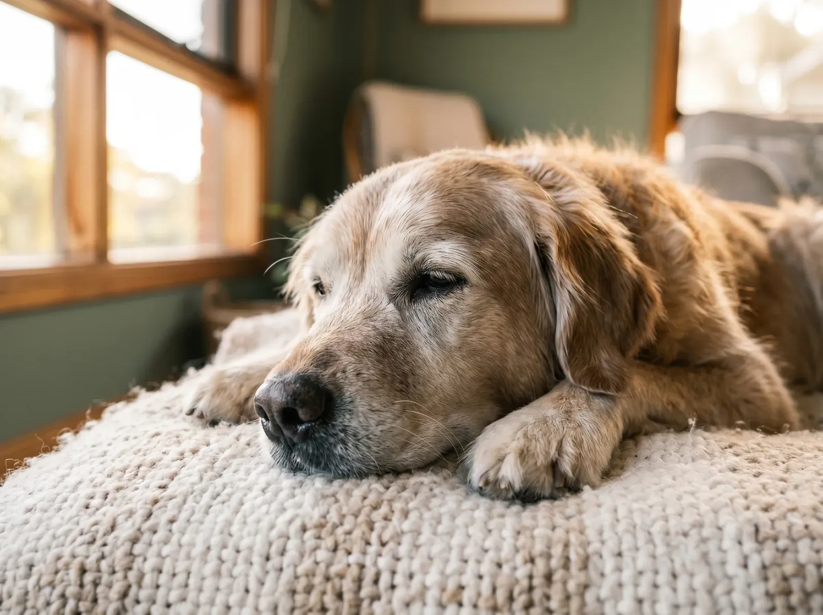 A relaxed older dog resting in warm afternoon light