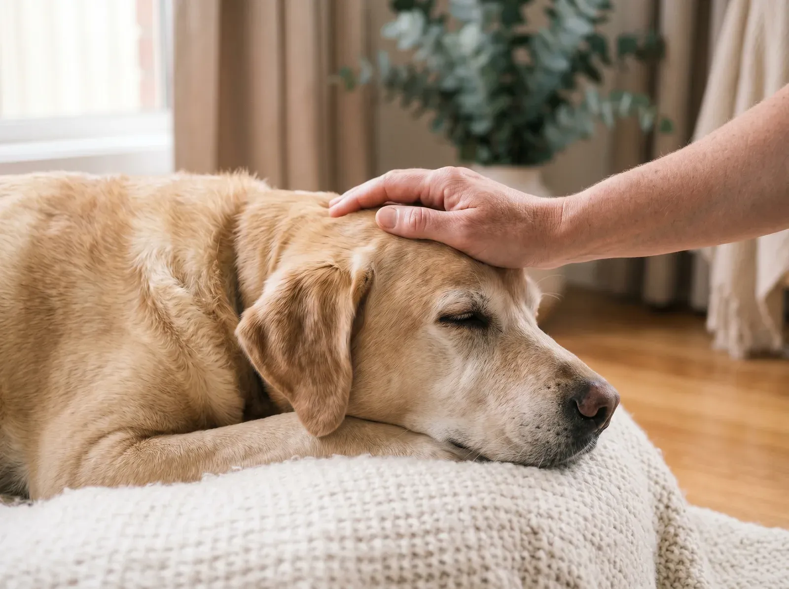 A gentle, comforting moment between a person and their pet in soft light