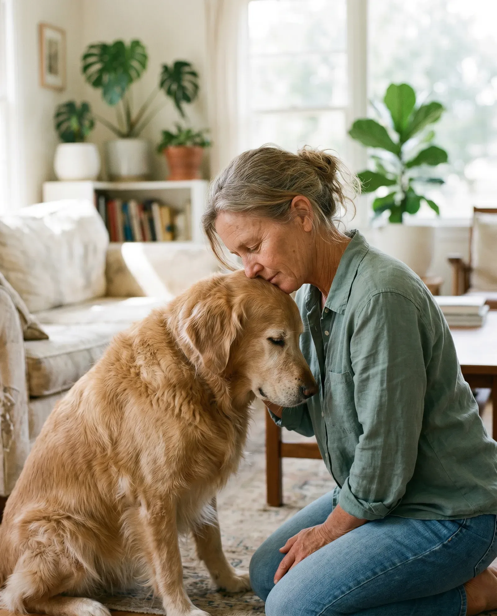 An Adelaide pet owner gently embracing their dog in soft, warm natural light