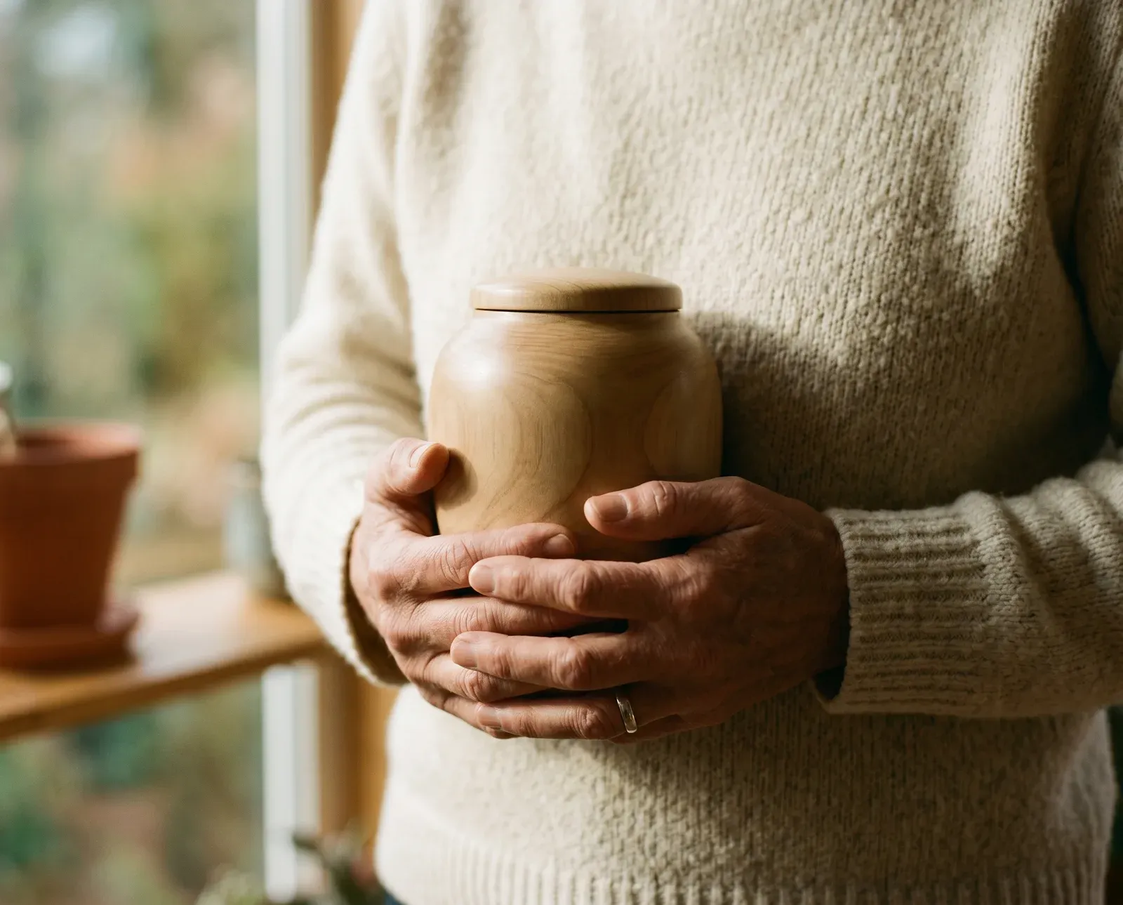 Hands gently holding a memorial urn, conveying individual care