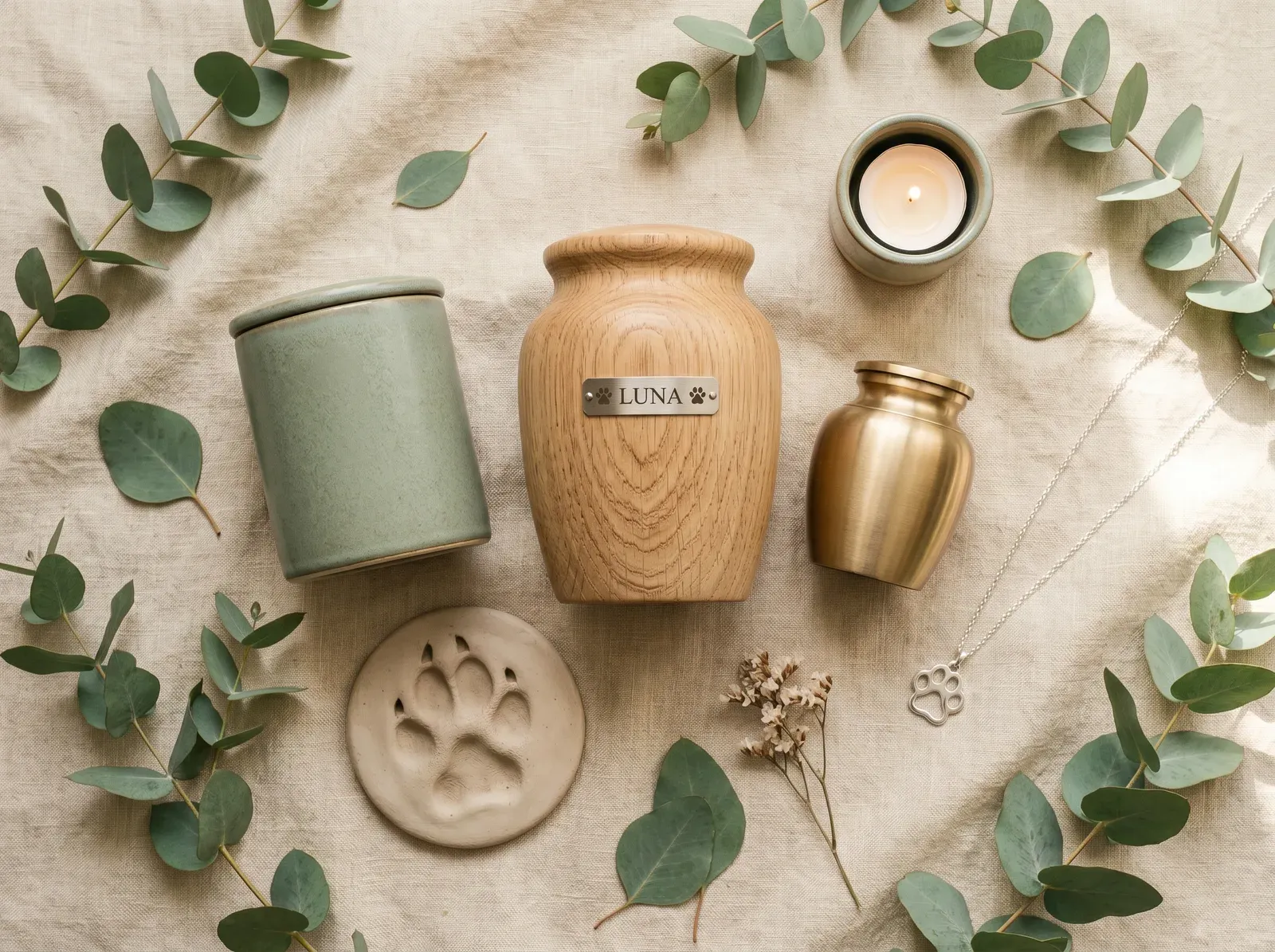 A selection of timber and ceramic pet urns and a keepsake pendant