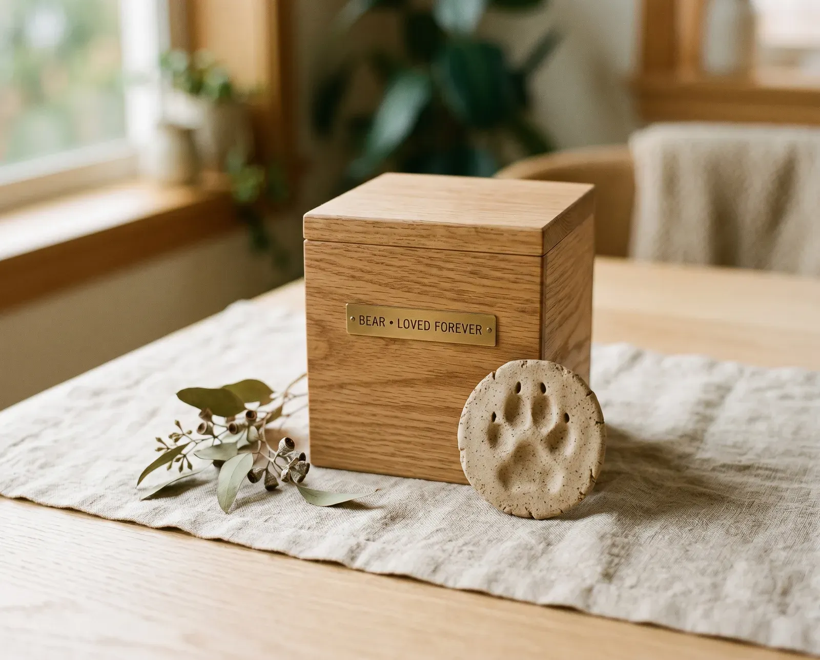 A wooden memorial urn beside a clay paw print keepsake on a soft neutral surface