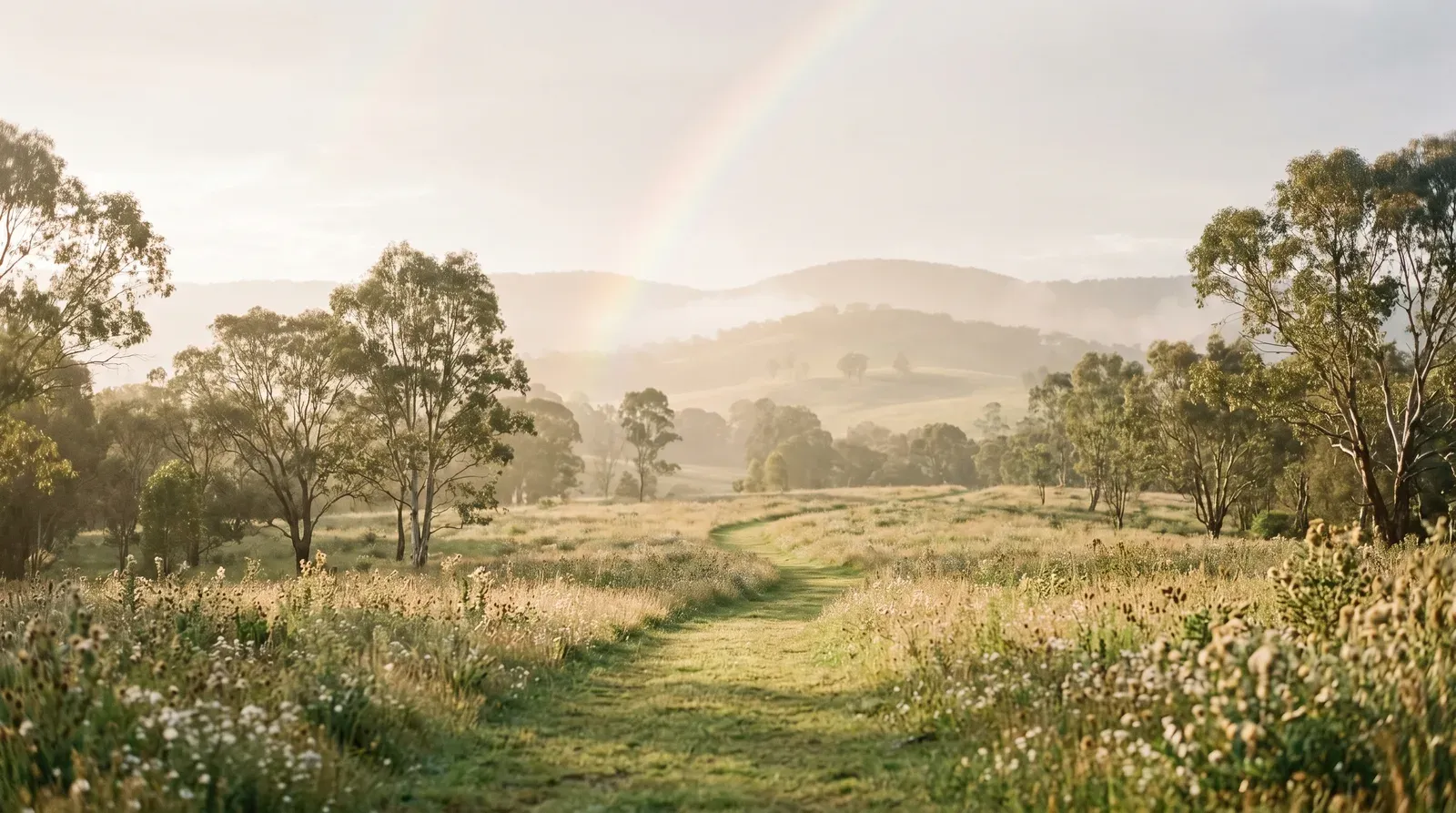 A soft, peaceful Rainbow Bridge memorial scene in warm light
