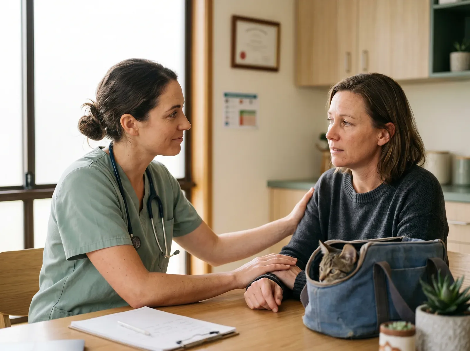 A caring veterinary professional comforting a pet owner in a clinic