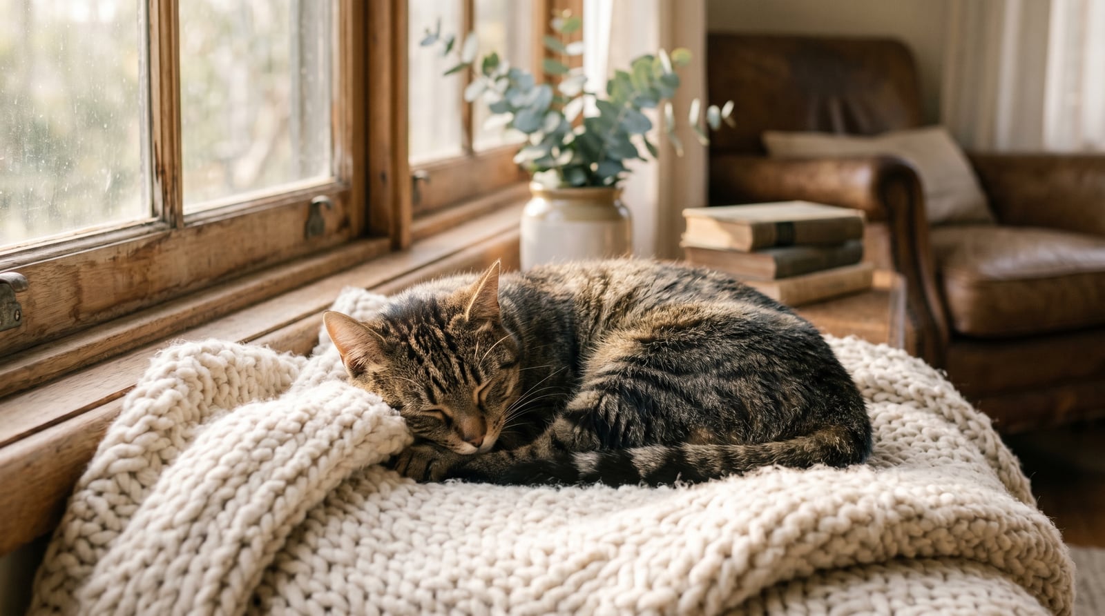 A cat curled in a soft blanket beside a sunlit window in a quiet home