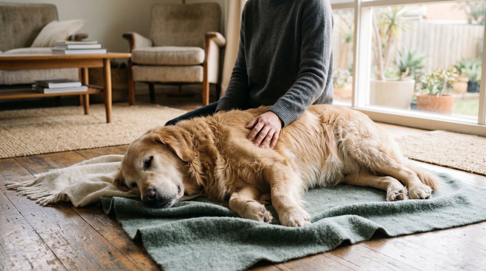 An older dog resting peacefully on a soft bed at home in warm afternoon light