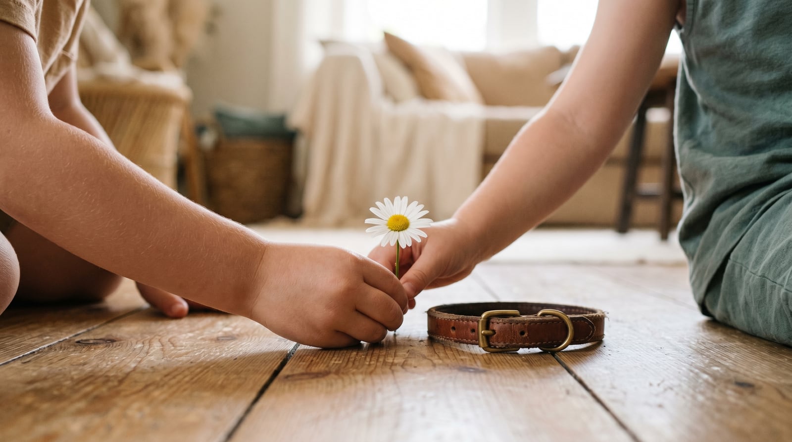 A child gently placing a small flower beside a pet's collar in soft, hopeful light