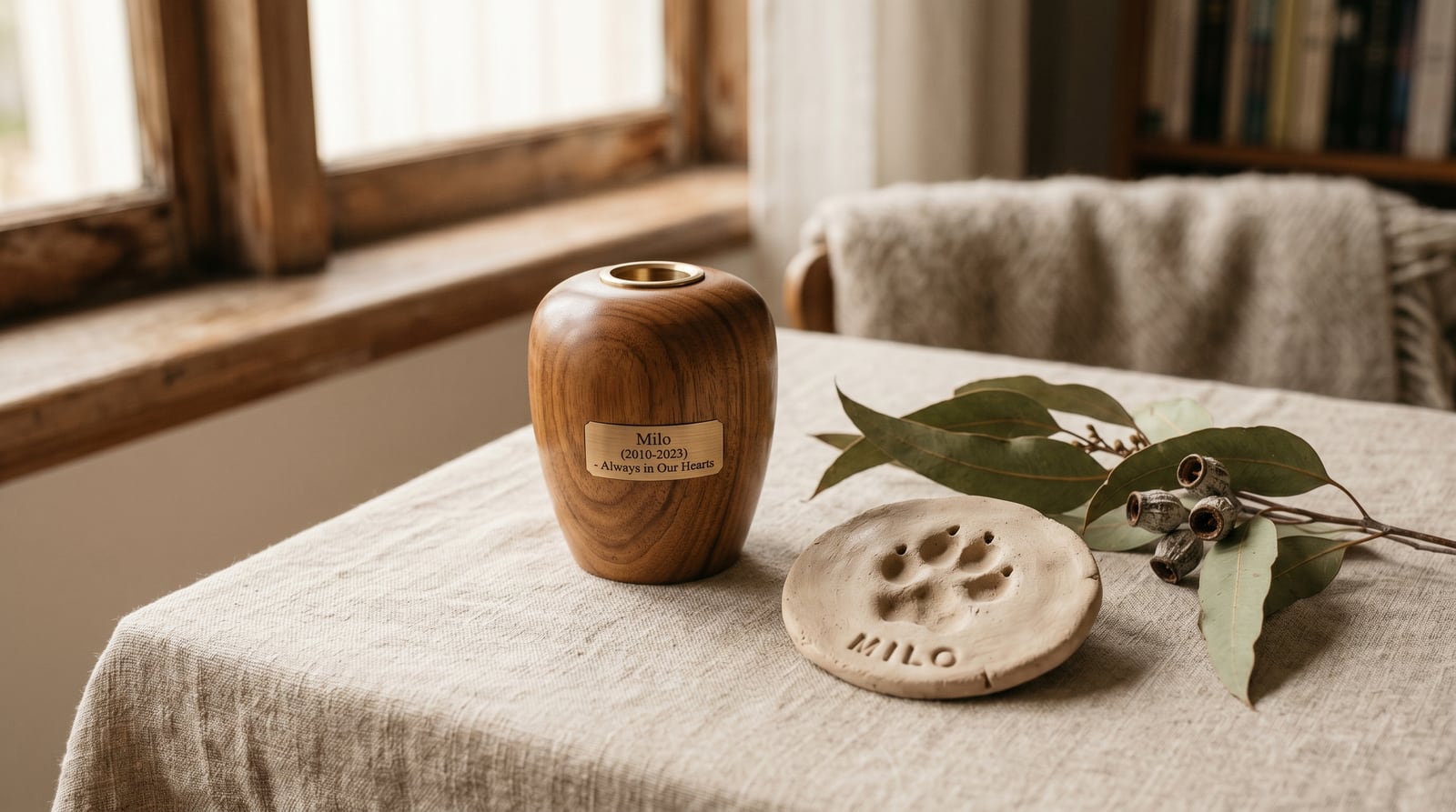 A small wooden keepsake urn beside a clay paw print on a calm table in soft light