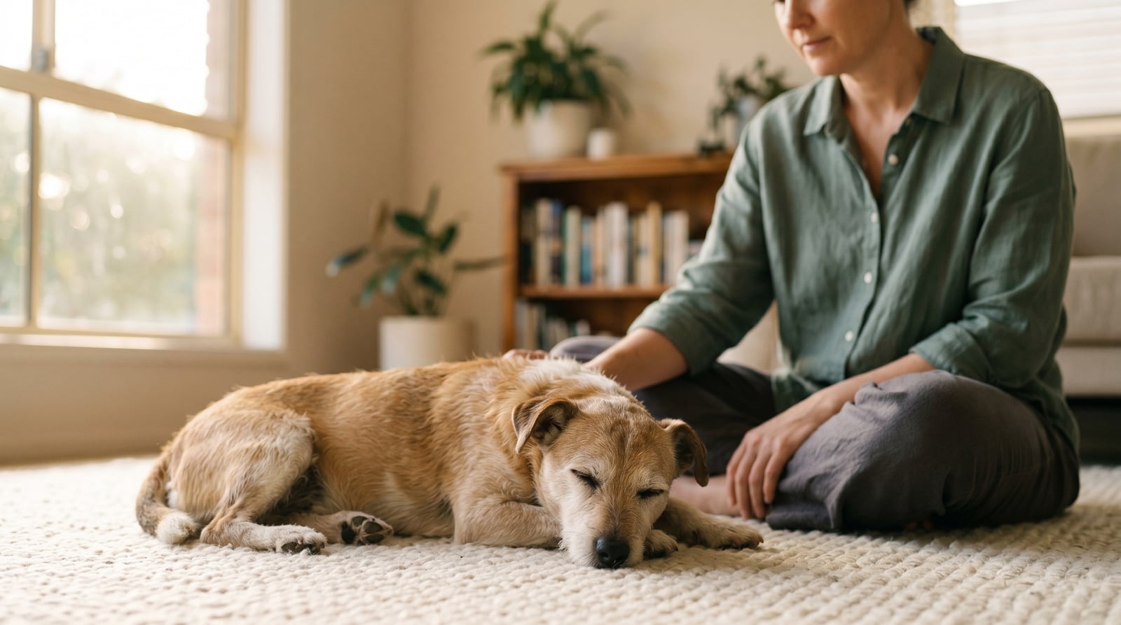 An elderly dog resting peacefully beside its owner's hand in soft golden afternoon light