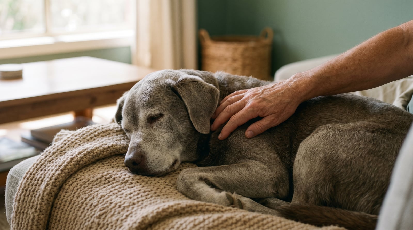 A gentle hand resting on an elderly dog lying comfortably on a soft blanket in warm light