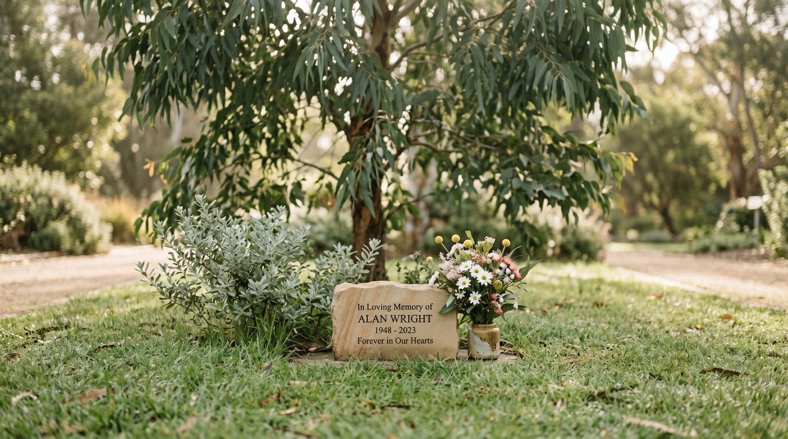 A peaceful garden memorial with a small plaque and flowers beneath a tree in soft morning light