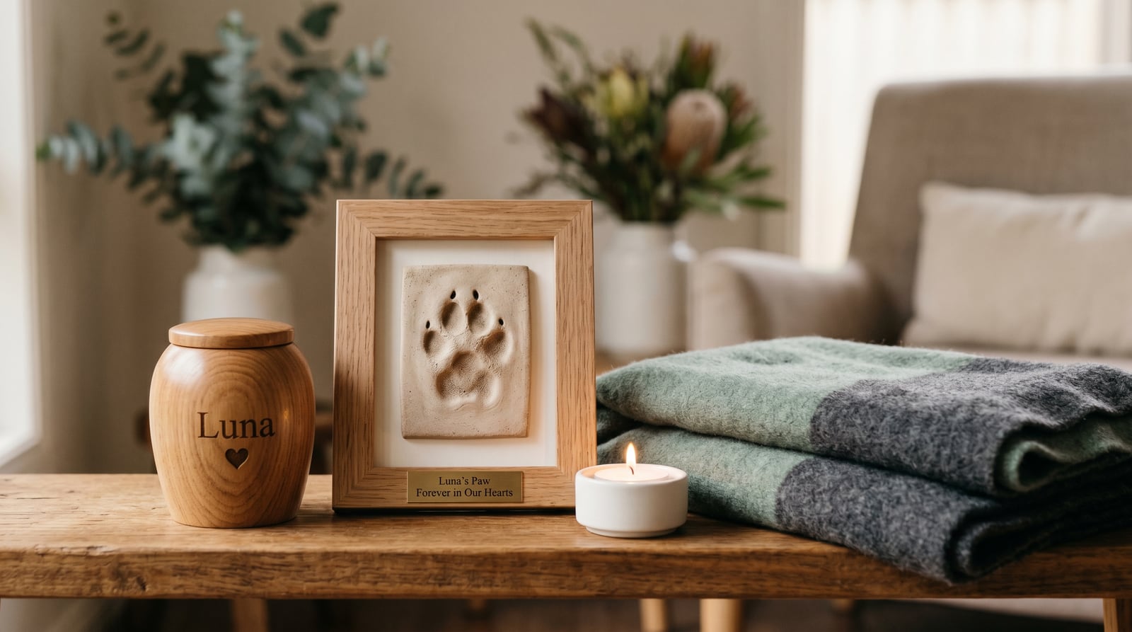 A warm still life of memorial keepsakes — a wooden urn, a framed paw print and a softly lit candle on a wooden shelf