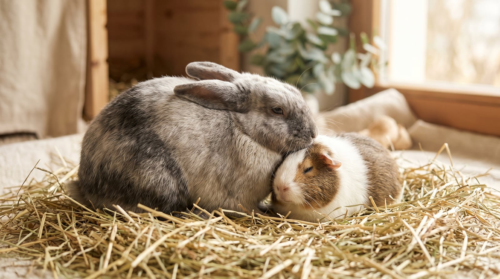 A rabbit and a guinea pig resting together in soft hay in warm gentle light