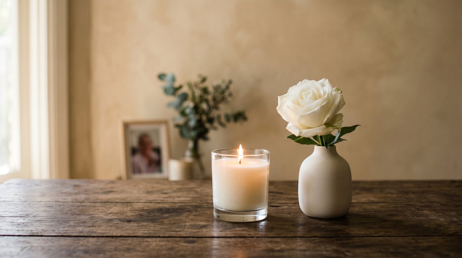 A calm, dignified memorial space with a softly lit candle and a single flower resting beside it